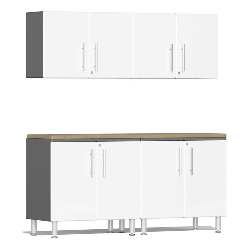 Ulti-MATE Garage 5-Piece Cabinet Kit with Bamboo Worktop in Starfire White Metallic