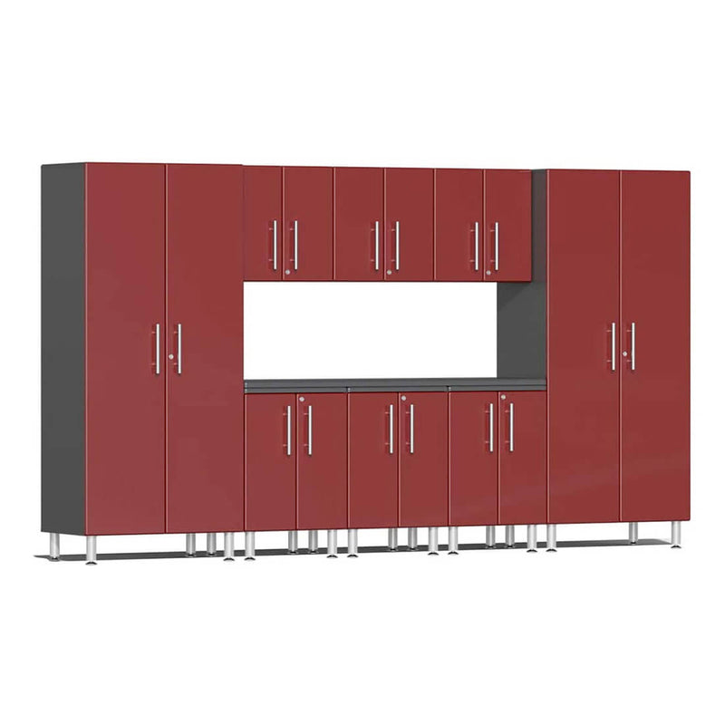 Ulti-MATE Garage 9-Piece Cabinet Set with Channeled Worktop in Ruby Red Metallic