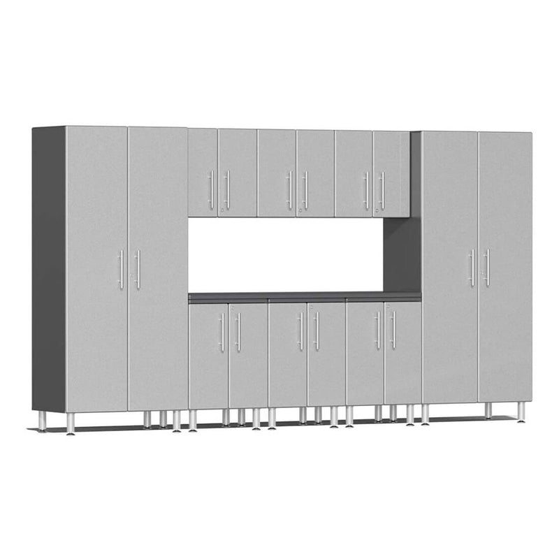 Ulti-MATE Garage 9-Piece Cabinet Set with Channeled Worktop in Stardust Silver Metallic