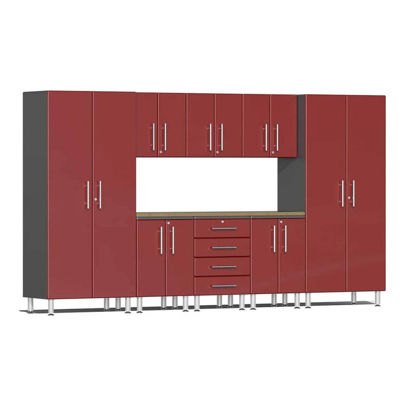 Ulti-MATE Garage 9-Piece Cabinet Set with Bamboo Worktop in Ruby Red Metallic