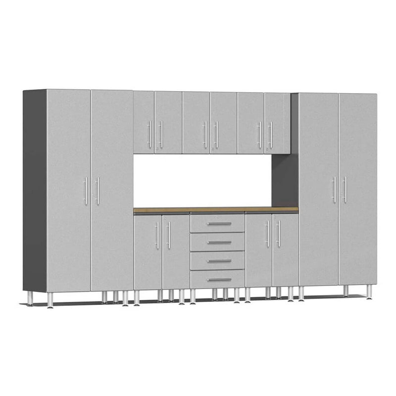 Ulti-MATE Garage 9-Piece Cabinet Set with Bamboo Worktop in Stardust Silver Metallic