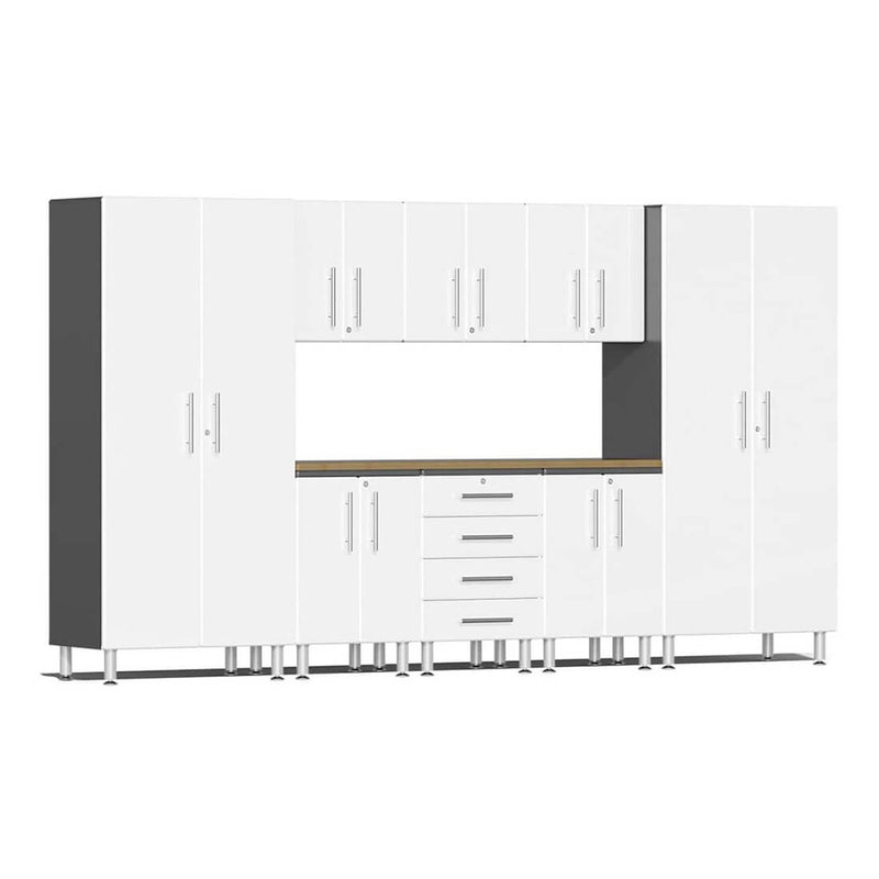 Ulti-MATE Garage 9-Piece Cabinet Set with Bamboo Worktop in Starfire White Metallic