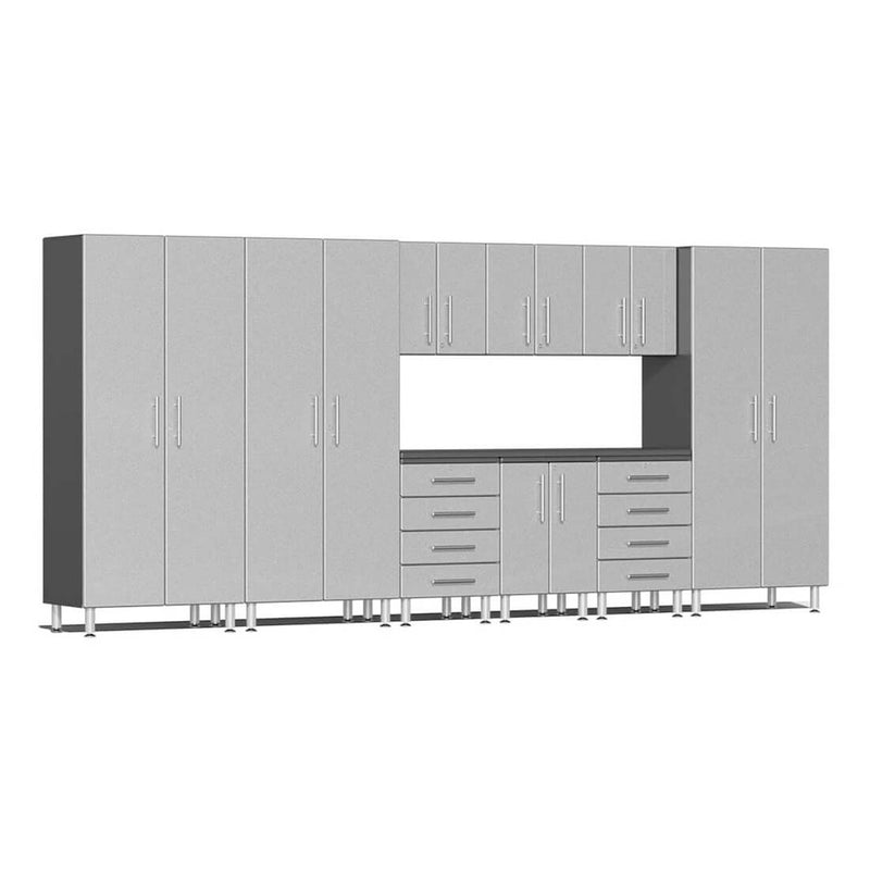 Ulti-MATE Garage 10-Piece Cabinet Set with Channeled Worktop in Stardust Silver Metallic