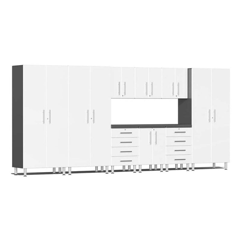 Ulti-MATE Garage 10-Piece Cabinet Set with Channeled Worktop in Starfire White Metallic