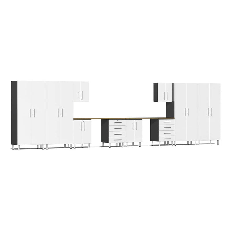 Ulti-MATE Garage 12-Piece Garage Cabinet Kit with Bamboo Worktops in Starfire White Metallic