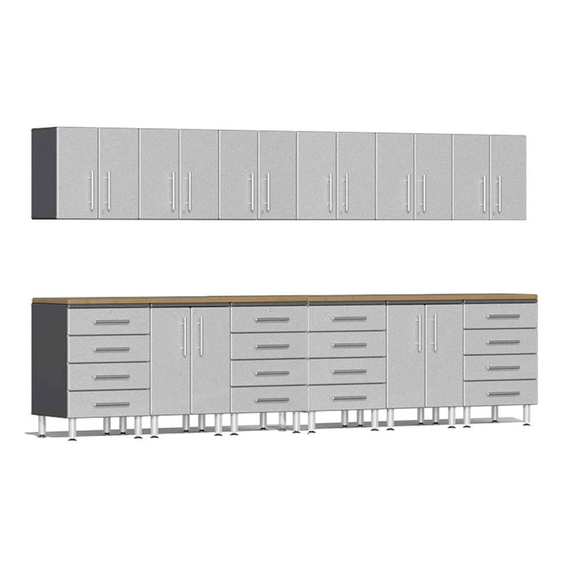 Ulti-MATE Garage 14-Piece Cabinet Kit with Bamboo Worktops in Stardust Silver Metallic