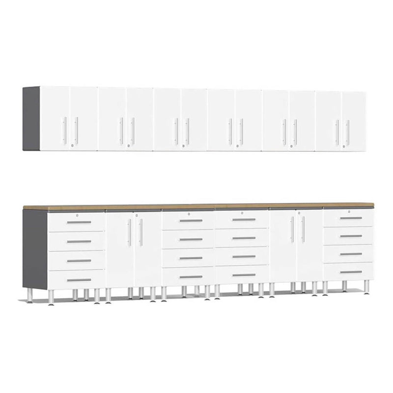 Ulti-MATE Garage 14-Piece Cabinet Kit with Bamboo Worktops in Starfire White Metallic