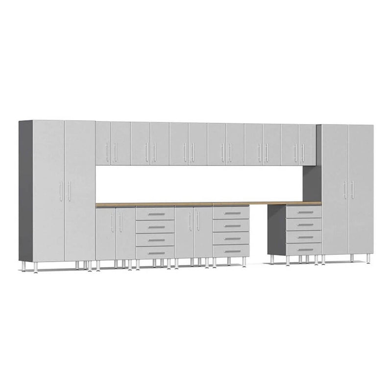Ulti-MATE Garage 15-Piece Cabinet Kit with Bamboo Worktops in Stardust Silver Metallic