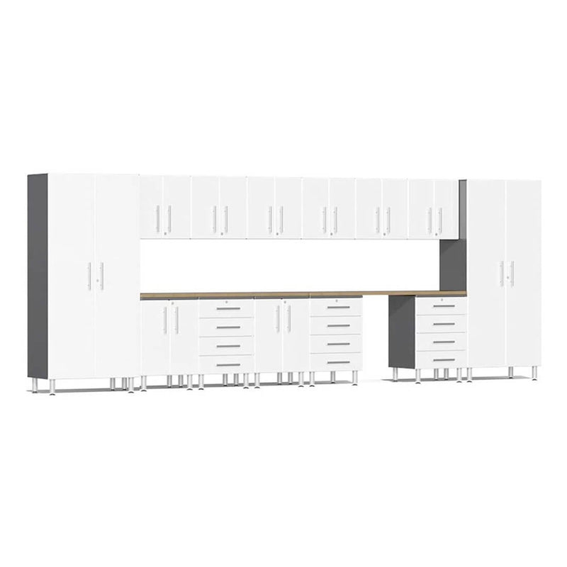 Ulti-MATE Garage 15-Piece Cabinet Kit with Bamboo Worktops in Starfire White Metallic