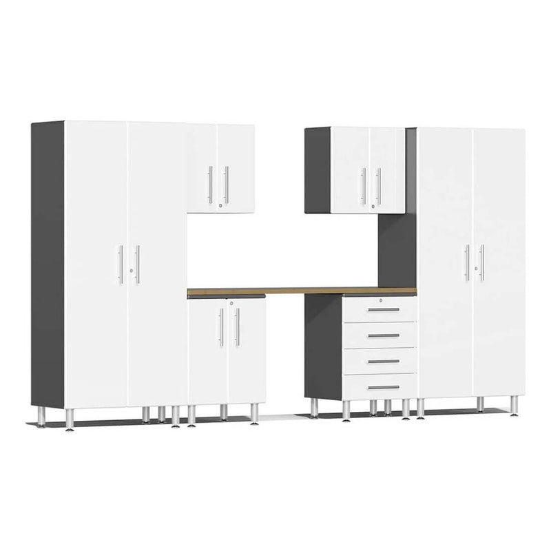 Ulti-MATE Garage 7-Piece Cabinet Set with Bamboo Worktop in Starfire White Metallic