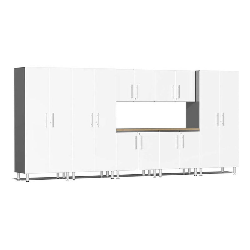 Ulti-MATE Garage 8-Piece Garage Cabinet Kit with Bamboo Worktop in Starfire White Metallic