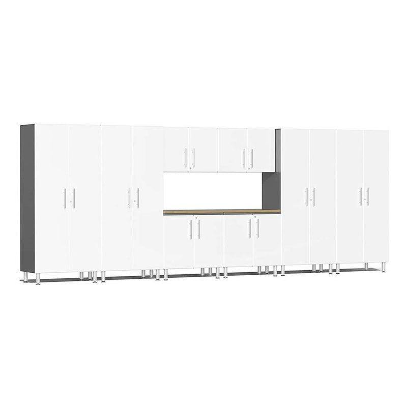 Ulti-MATE Garage 9-Piece Garage Cabinet Kit with Bamboo Work Surface in Starfire White Metallic