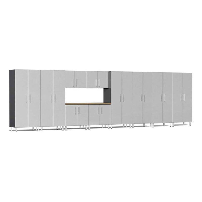 Ulti-MATE Garage 11-Piece Garage Cabinet Kit with Bamboo Worktop in Stardust Silver Metallic