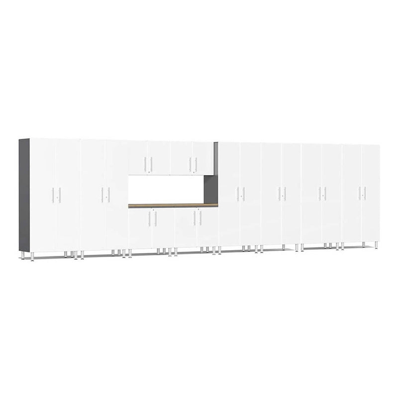 Ulti-MATE Garage 11-Piece Garage Cabinet Kit with Bamboo Worktop in Starfire White Metallic