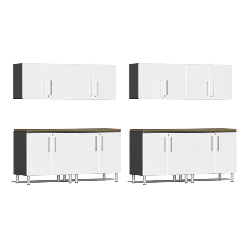 Ulti-MATE Garage 10-Piece Garage Cabinet Kit with Bamboo Worktop in Starfire White Metallic