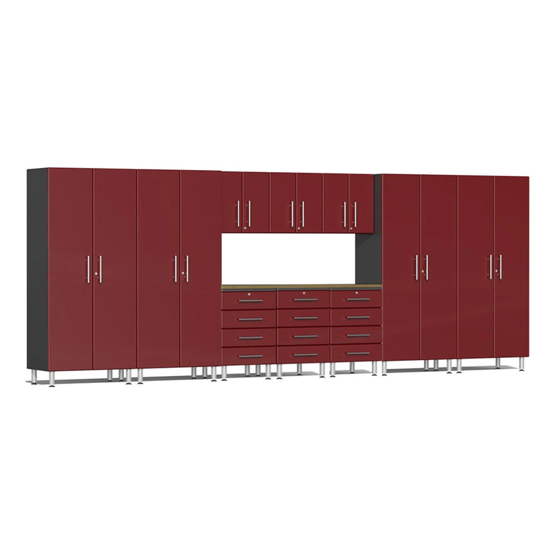 Ulti-MATE Garage 11-Piece Garage Cabinet Set with Bamboo Worktops in Ruby Red Metallic