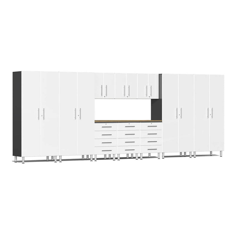 Ulti-MATE Garage 11-Piece Garage Cabinet Set with Bamboo Worktops in Starfire White Metallic