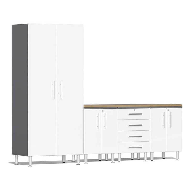 Ulti-MATE Garage 5-Piece Cabinet Set with Bamboo Worktop in Starfire White Metallic