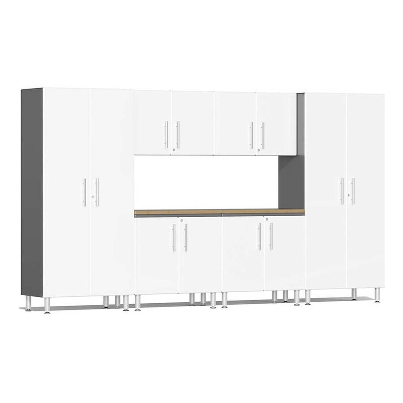 Ulti-MATE Garage 7-Piece Garage Cabinet Kit with Bamboo Worktop in Starfire White Metallic