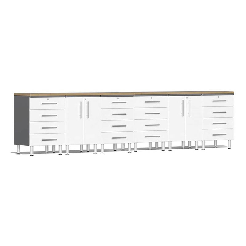 Ulti-MATE Garage 8-Piece Cabinet Kit with Bamboo Worktops in Starfire White Metallic