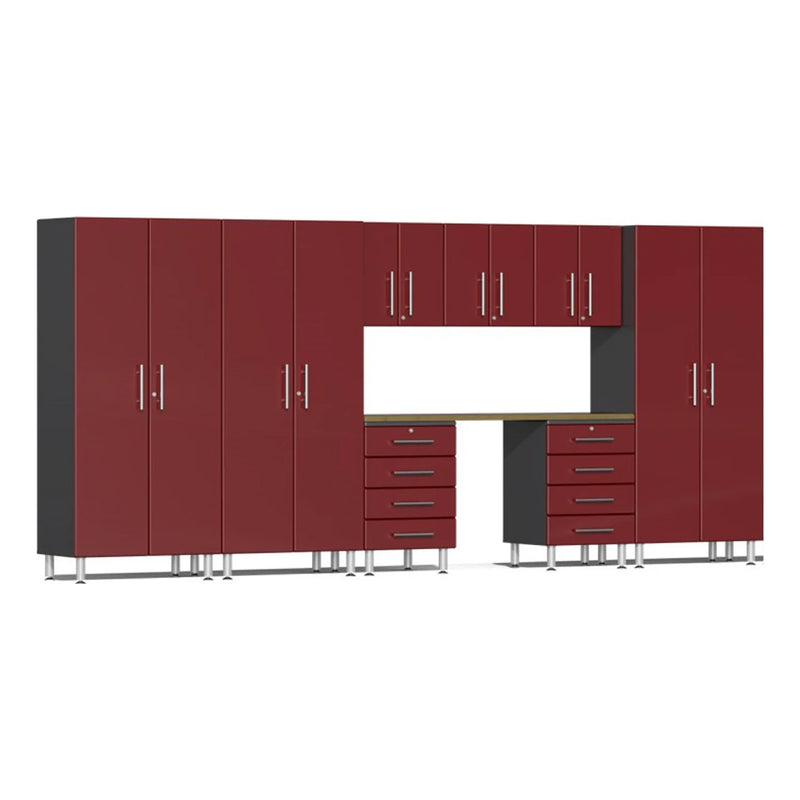 Ulti-MATE Garage 9-Piece Garage Cabinet Set with Bamboo Worktop in Ruby Red Metallic