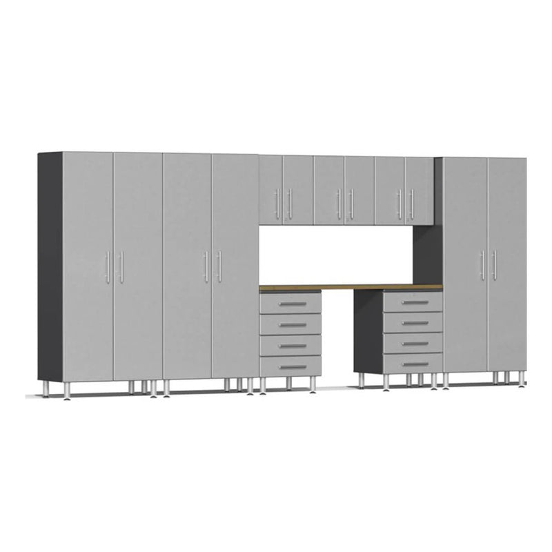 Ulti-MATE Garage 9-Piece Garage Cabinet Set with Bamboo Worktop in Stardust Silver Metallic
