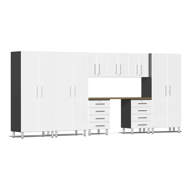 Ulti-MATE Garage 9-Piece Garage Cabinet Set with Bamboo Worktop in Starfire White Metallic