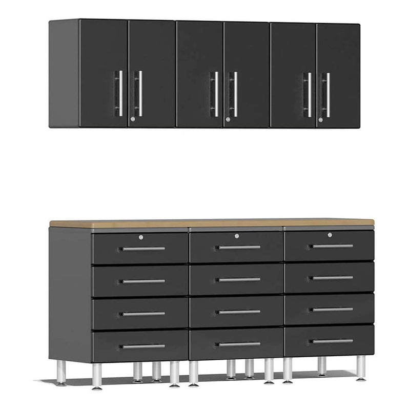 Ulti-MATE Garage 7-Piece Cabinet System with Bamboo Worktop in Midnight Black Metallic