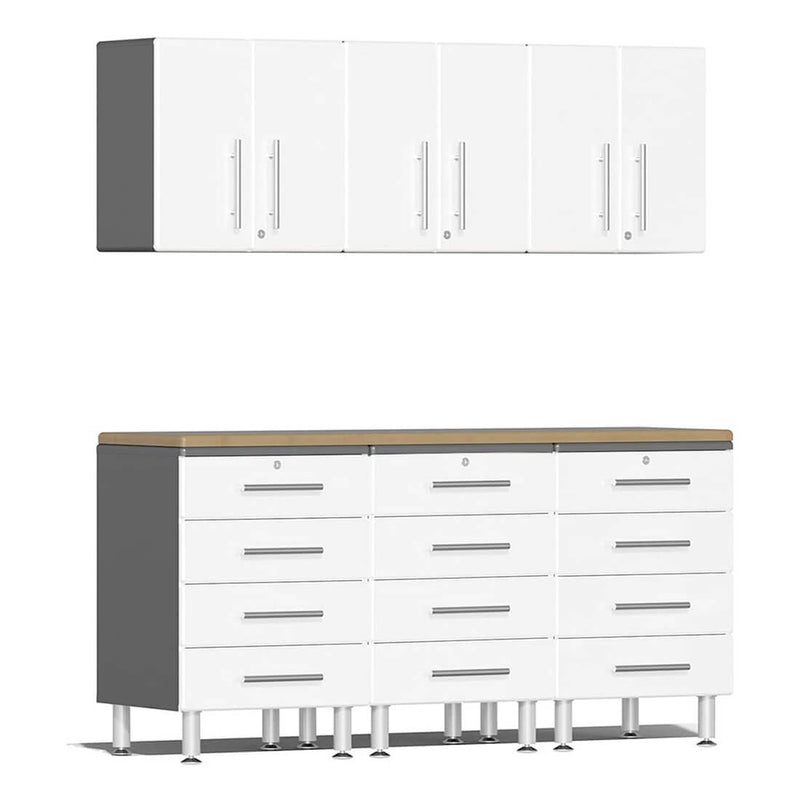 Ulti-MATE Garage 7-Piece Cabinet System with Bamboo Worktop in Starfire White Metallic