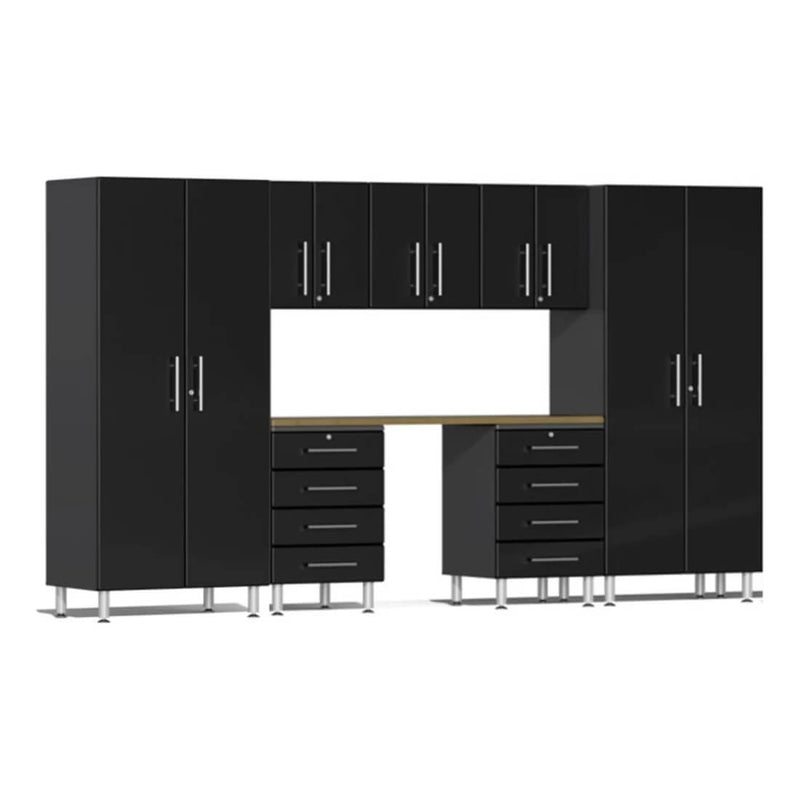 Ulti-MATE Garage 8-Piece Cabinet Set with Bamboo Worktop in Midnight Black Metallic