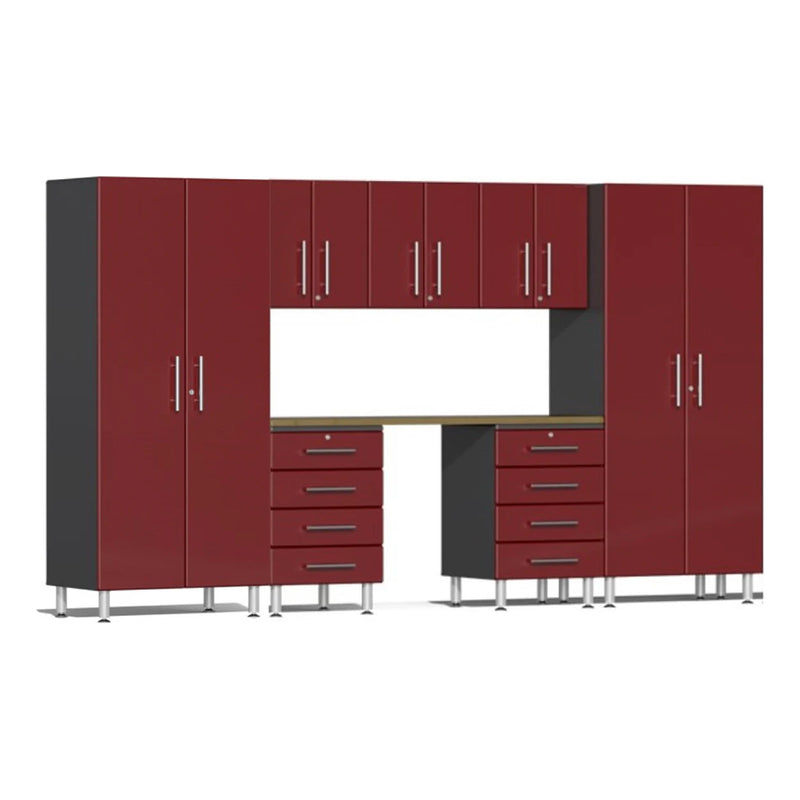 Ulti-MATE Garage 8-Piece Cabinet Set with Bamboo Worktop in Ruby Red Metallic