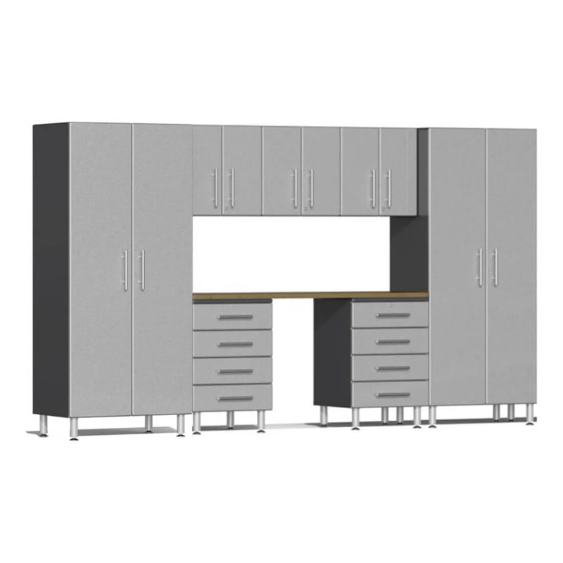 Ulti-MATE Garage 8-Piece Cabinet Set with Bamboo Worktop in Stardust Silver Metallic