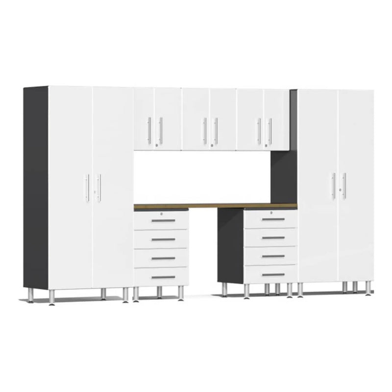 Ulti-MATE Garage 8-Piece Cabinet Set with Bamboo Worktop in Starfire White Metallic