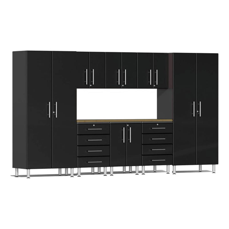 Ulti-MATE Garage 9-Piece Garage Cabinet Kit with Bamboo Worktop in Midnight Black Metallic