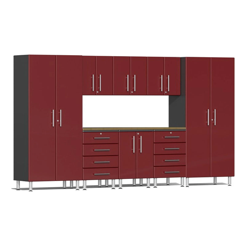 Ulti-MATE Garage 9-Piece Garage Cabinet Kit with Bamboo Worktop in Ruby Red Metallic