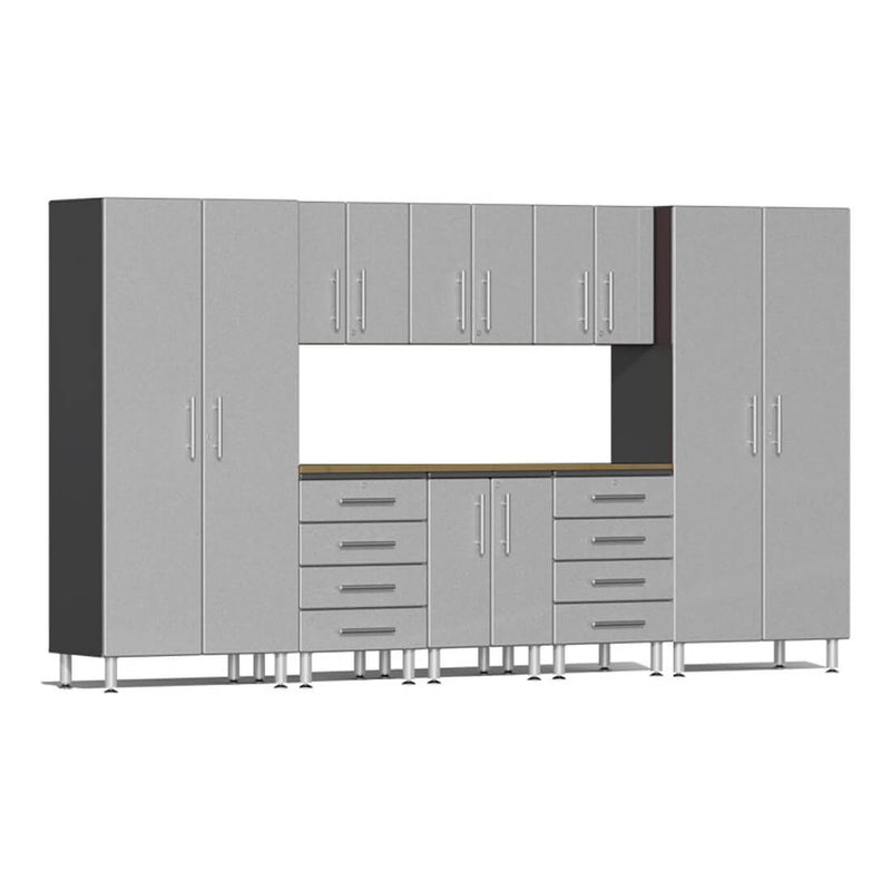 Ulti-MATE Garage 9-Piece Garage Cabinet Kit with Bamboo Worktop in Stardust Silver Metallic