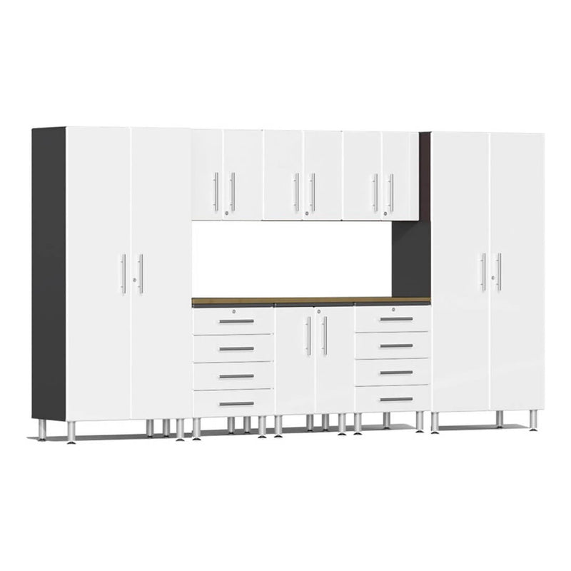 Ulti-MATE Garage 9-Piece Garage Cabinet Kit with Bamboo Worktop in Starfire White Metallic