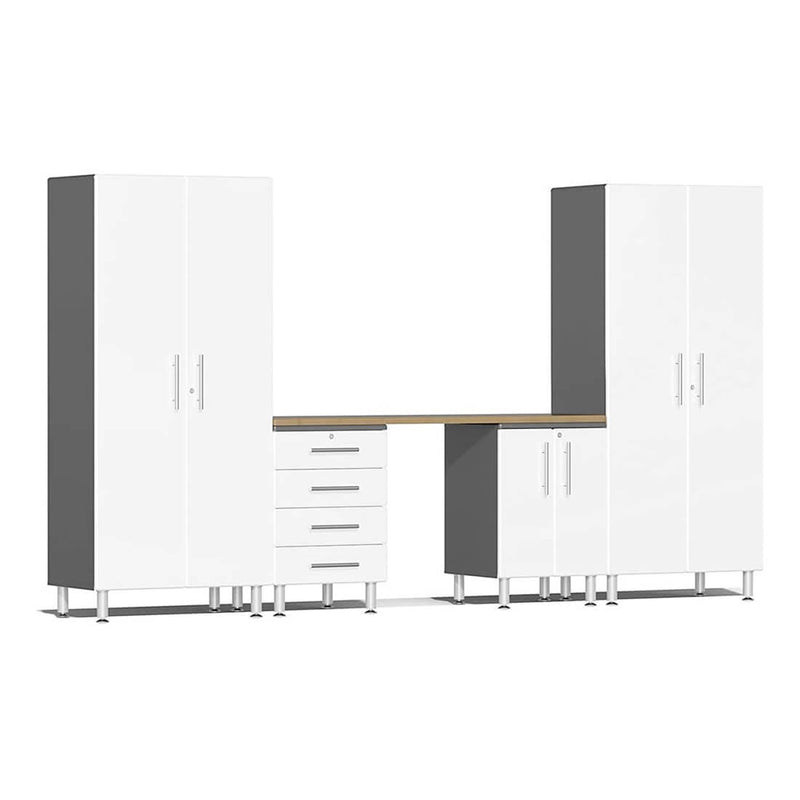 Ulti-MATE Garage 5-Piece Garage Cabinet Kit with Bamboo Worktop in Starfire White Metallic