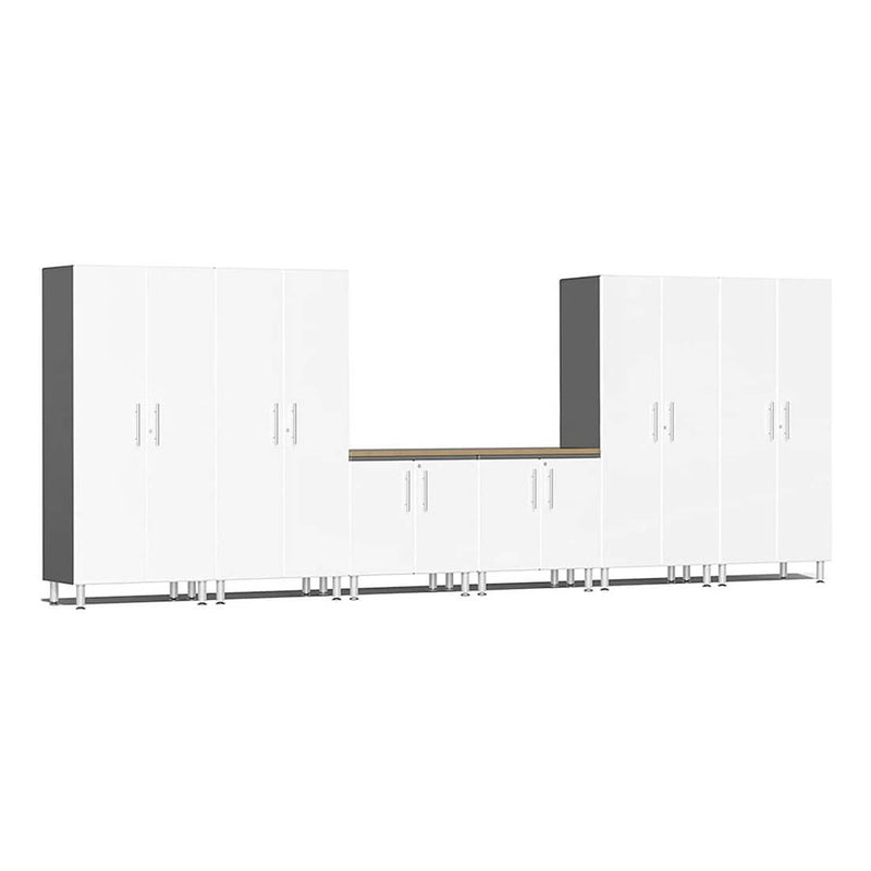 Ulti-MATE Garage 7-Piece Garage Cabinet System with Bamboo Countertop in Starfire White Metallic