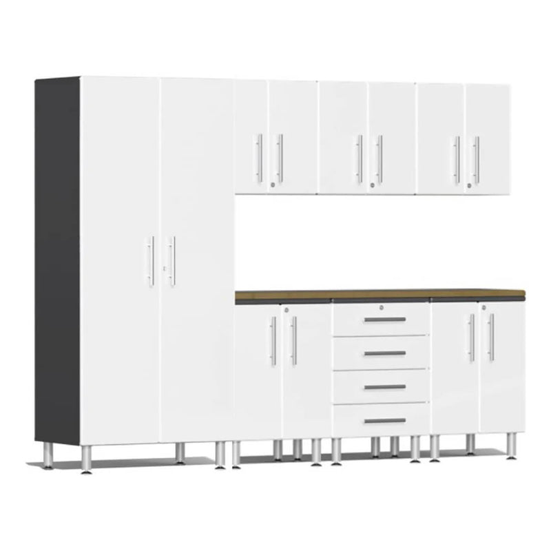 Ulti-MATE Garage 8-Piece Cabinet System with Bamboo Worktop in Starfire White Metallic
