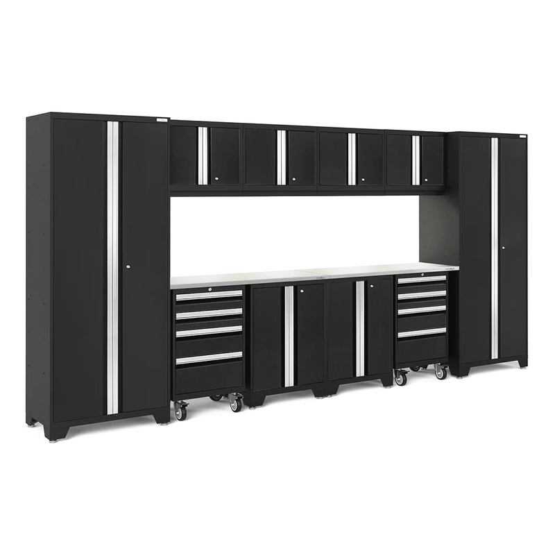 NewAge Products Bold Black 12-Piece Garage Storage Cabinet System with Stainless Steel Worktops and LED Lights