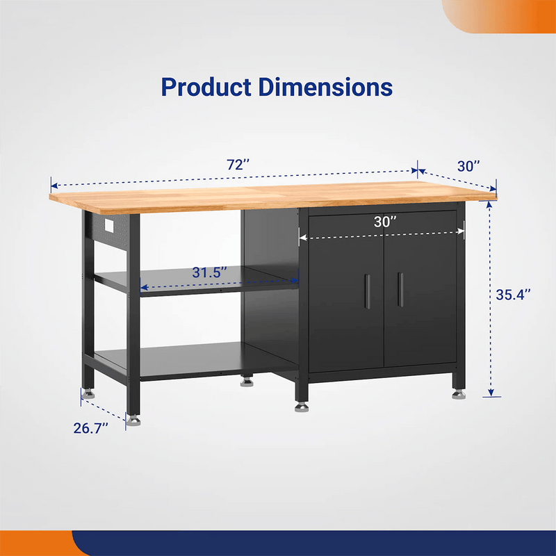 4Dock Heavy-Duty 72 x 30 Industrial Workbench with Cabinet (Black Frame)