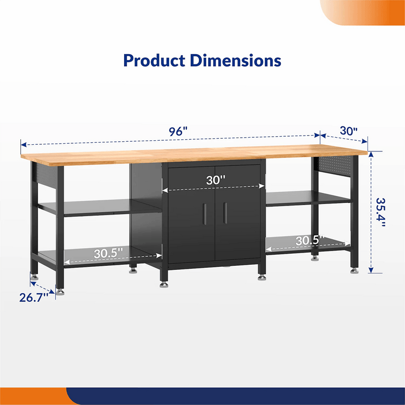 4Dock Heavy-Duty 96 x 30 Industrial Workbench with Cabinet (Black Frame)