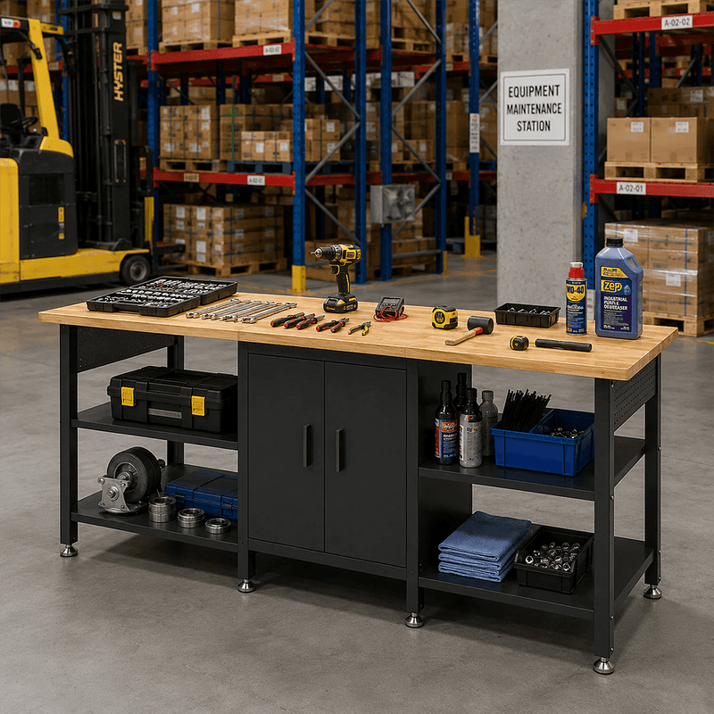 4Dock Heavy-Duty 96 x 30 Industrial Workbench with Cabinet (Black Frame)