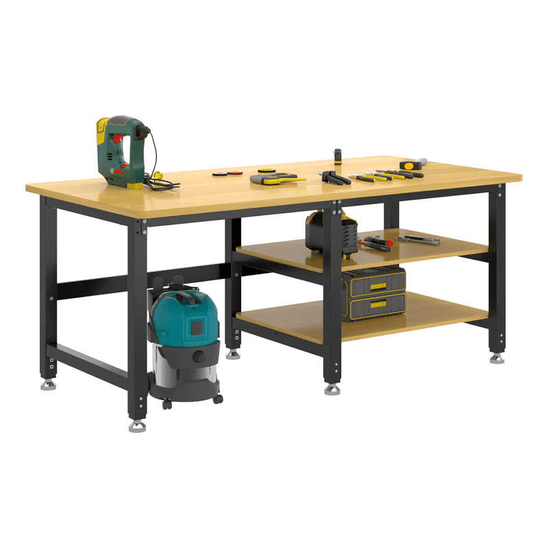 4Dock Heavy-Duty 70 x 34.6 Industrial Workbench with Wood Shelves (Black Frame)