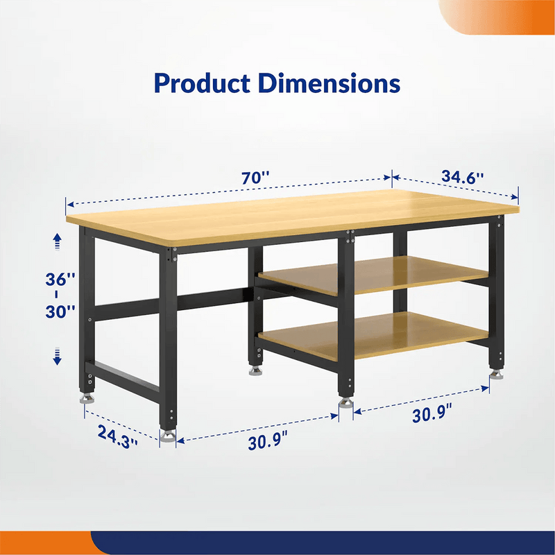 4Dock Heavy-Duty 70 x 34.6 Industrial Workbench with Wood Shelves (Black Frame)