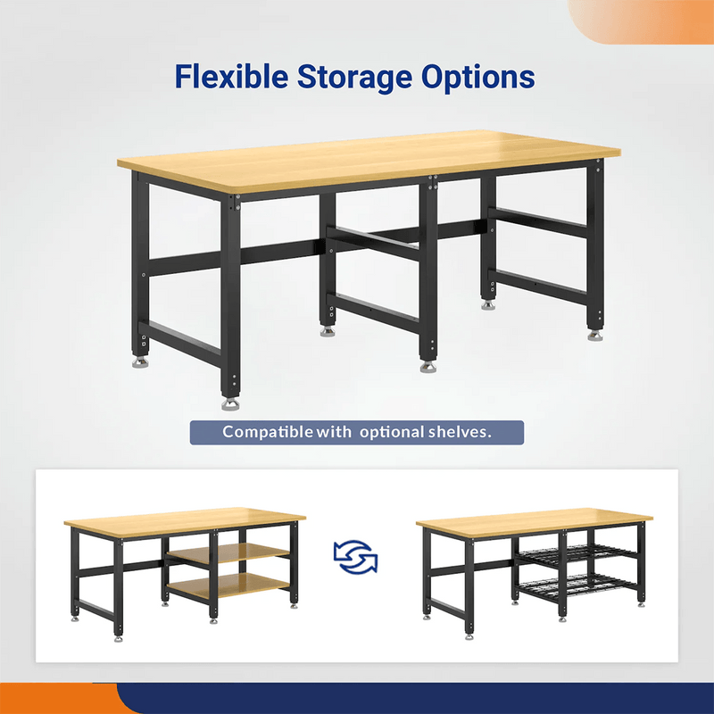 4Dock Heavy-Duty 70 x 34.6 Industrial Workbench with Wood Shelves (Black Frame)