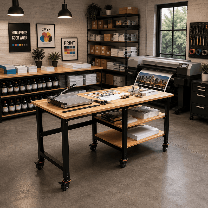 4Dock Heavy-Duty 70 x 34.6 Industrial Workbench with Wood Shelves (Black Frame)