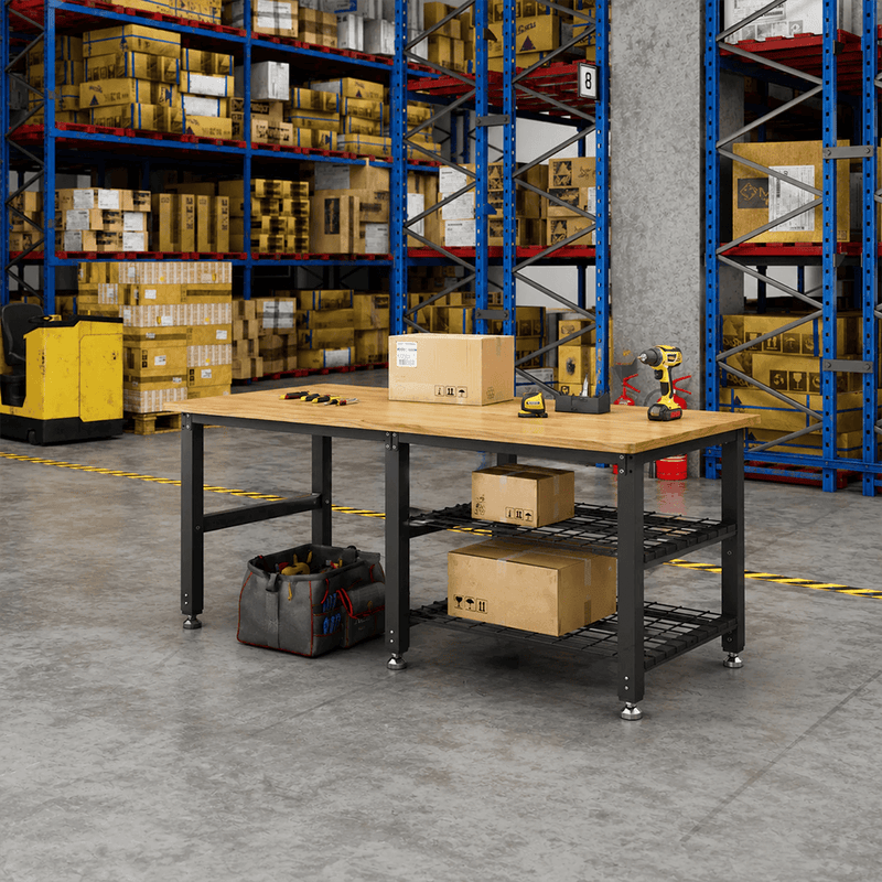 4Dock Heavy-Duty 70 x 34.6 Industrial Workbench with Wood Shelves (Black Frame)