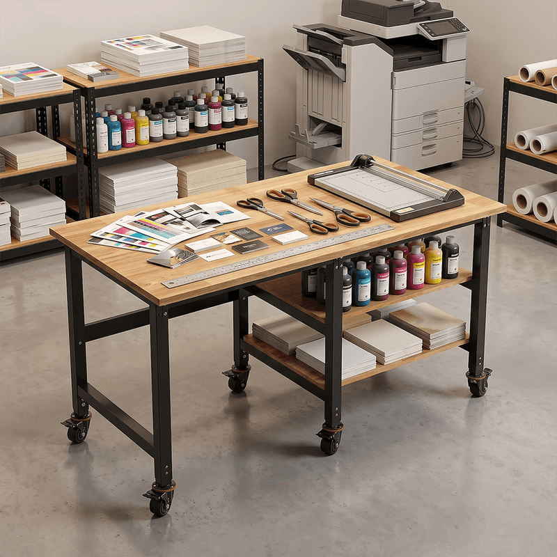 4Dock Heavy-Duty 70 x 34.6 Industrial Workbench with Wood Shelves (Black Frame)